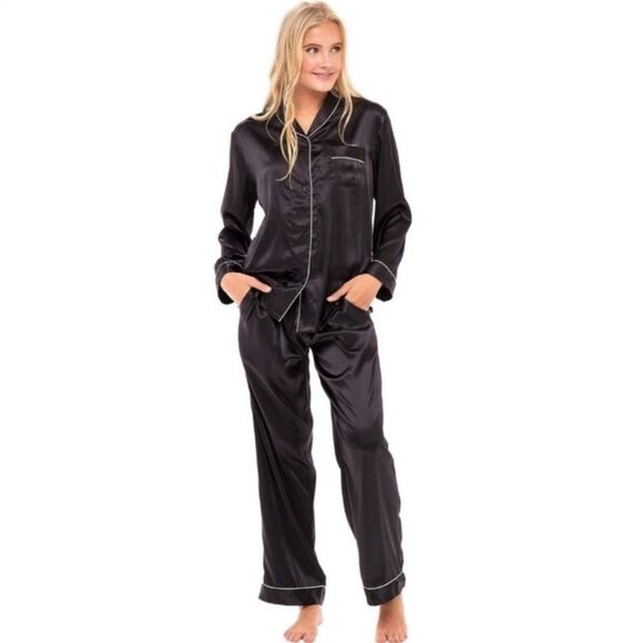 Alexander Del Rossa Palm Coast Florida Navy Blue Satin Pajama Set Women’s SZ XL - Picture 1 of 13